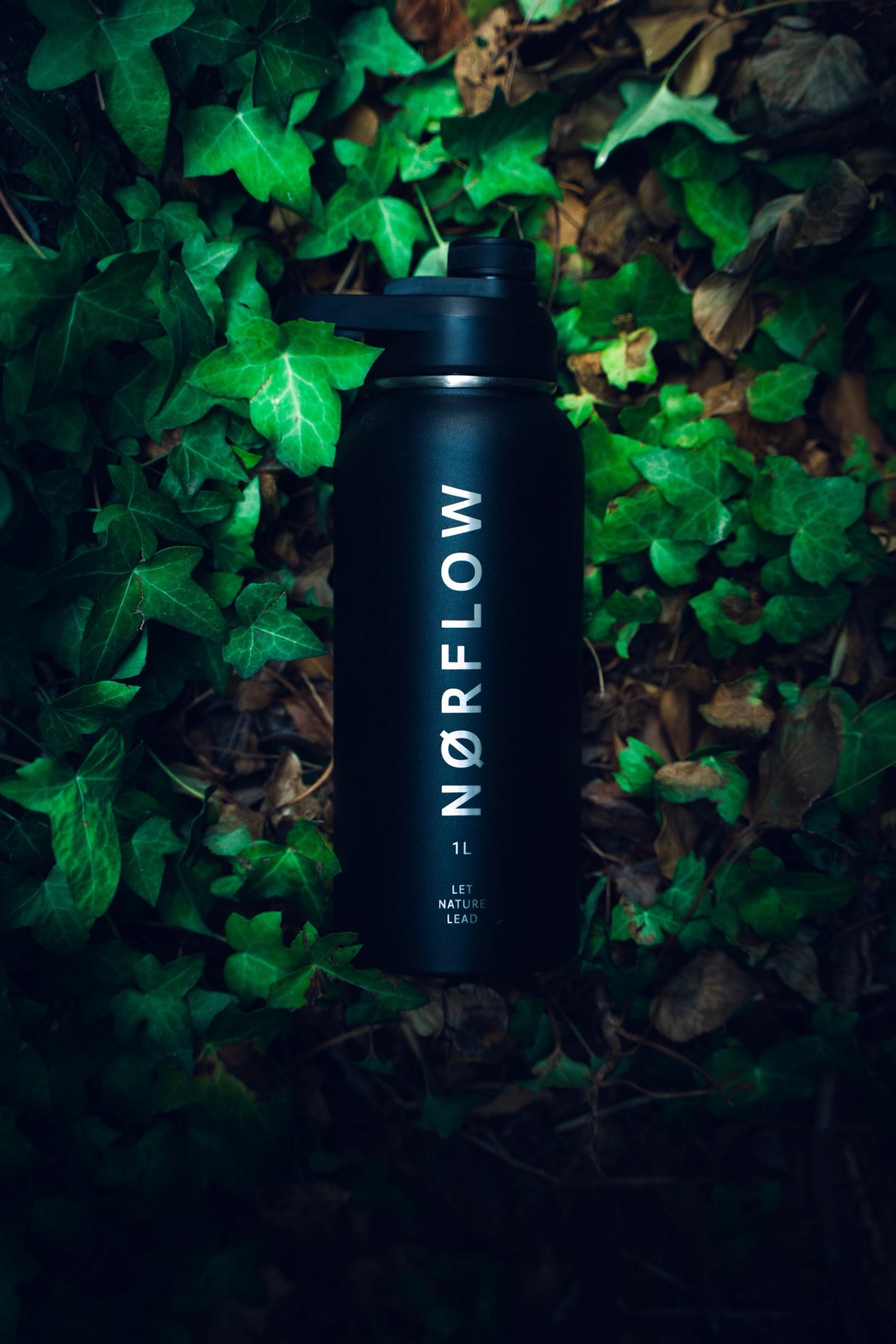 Botella térmica NORFLOW 1L negra entre hojas de hiedra en el suelo del bosque